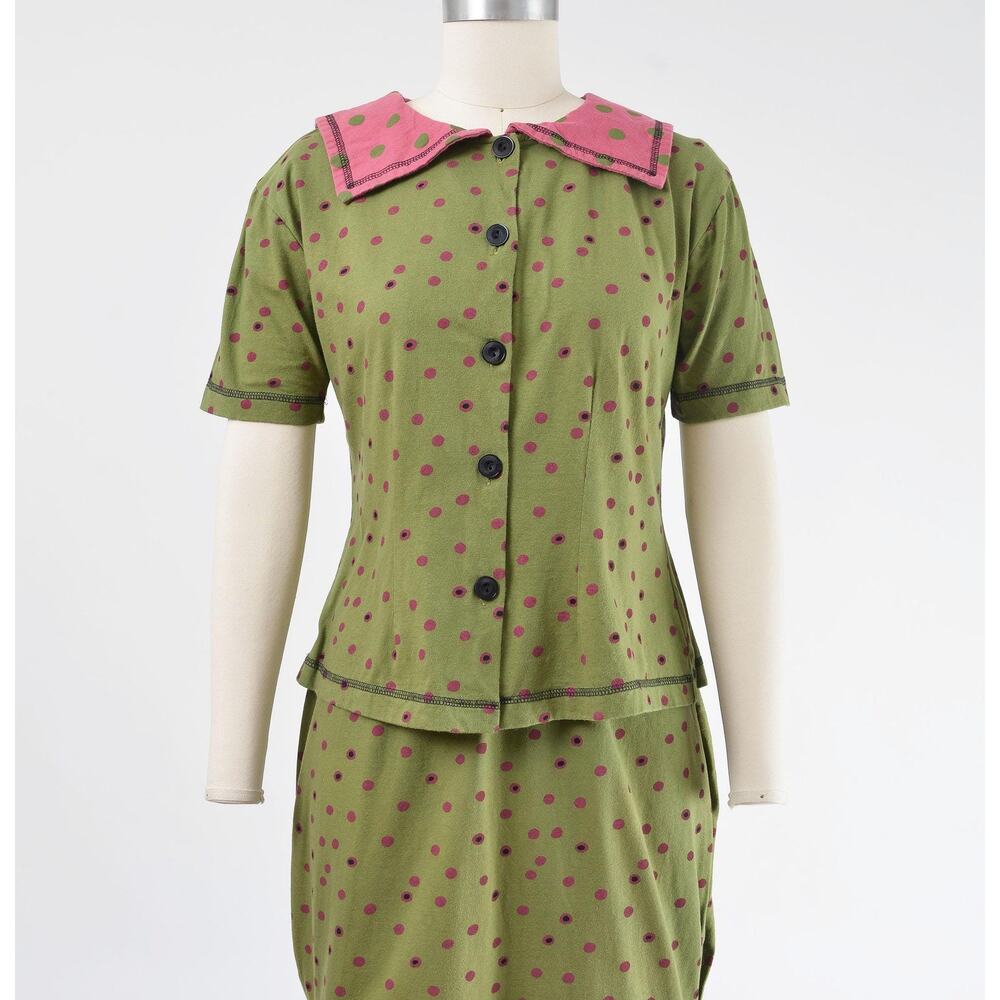 Vintage 90s Polka Mini Dot Skirt and Blouse Set Cotton Sailor Collar Top XS S - Picture 5 of 9